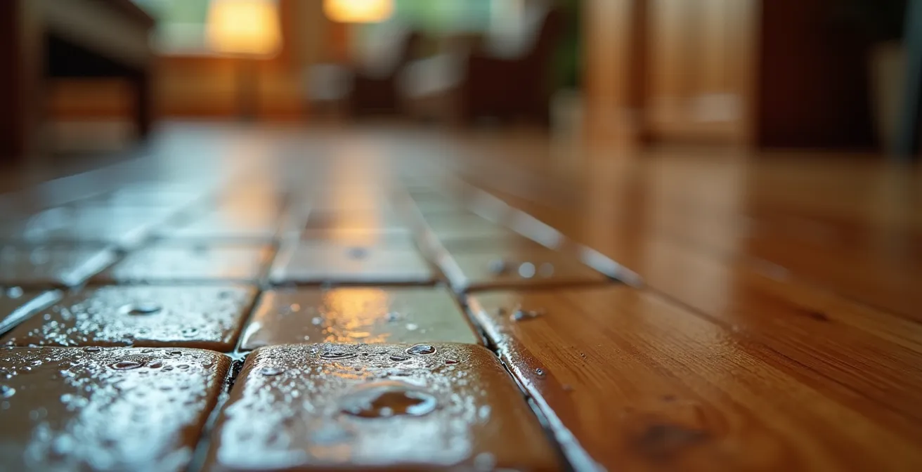 Détail architectural d'une transition entre espace aquatique et salle de restaurant avec pierre naturelle