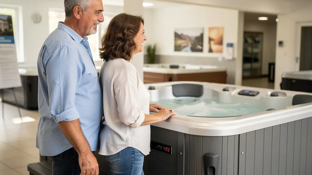 Couple européen observant un spa rigide en showroom pour choisir leur modèle