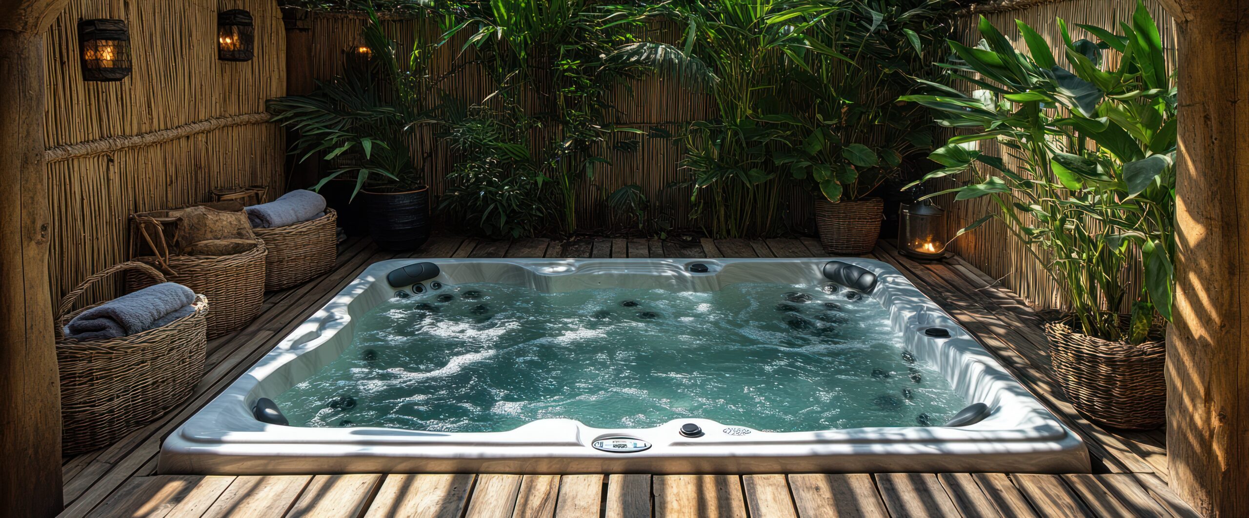 Détail des jets hydromassants en fonctionnement dans un spa rigide acrylique