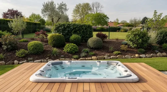 Spa rigide acrylique installé sur terrasse bois dans jardin paysagé